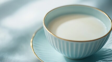 A pastel blue ceramic cup with a tiny gold rim, filled with warm milk tea