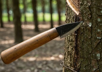Close-up of a tapping knife resting against a trees bark, a detailed view of the process of extracting sap from a rubber tree in a plantation.
