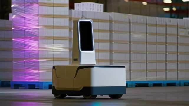 An autonomous robot scans a freshly stocked pallet with its integrated AI generating realtime labels that help streamline logistics and improve warehouse efficiency.