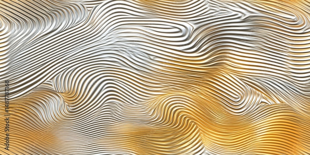 Poster abstract wave patterns in gold and silver tones create a dynamic visual experience in a fluid, moder