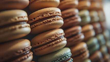 Close-up of colorful macarons stacked in a row, delicate textures and pastel tones