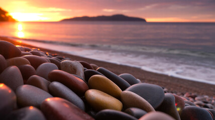 Obraz premium Sunrise Beach Stones Ocean Pebble Seashore Sunset