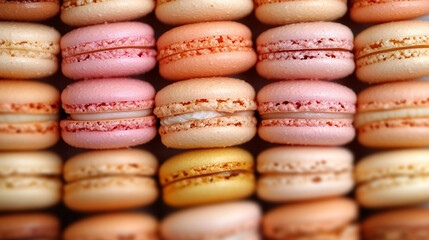 Close-up of colorful macarons stacked in a row, delicate textures and pastel tones