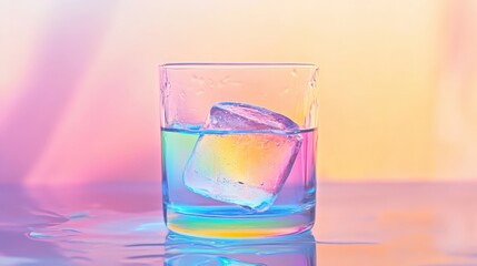 A pastel rainbow-colored ice cube floating in a clear glass of soda