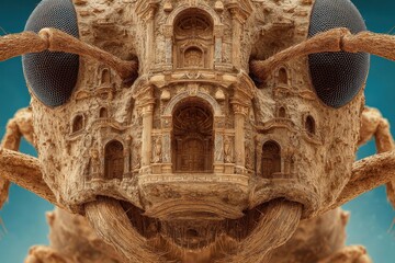 Intricate architectural design on an insect's head.