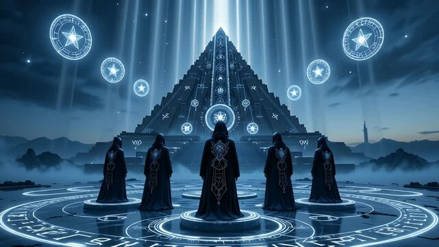 Mystical Scene of Hooded Figures in a Ritualistic Circle Before a Grand Ancient Pyramid
