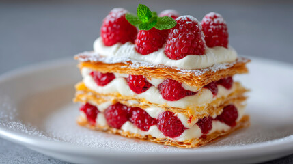 A side view of a Raspberry millefeuille dessert with stacked pastry with raspberries and frosting