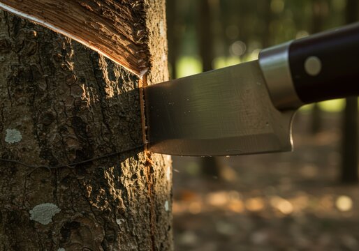 Sharp knife slices through tree bark, sunlight illuminating the scene. A moment of quiet action in the forest. Natures resilience showcased.