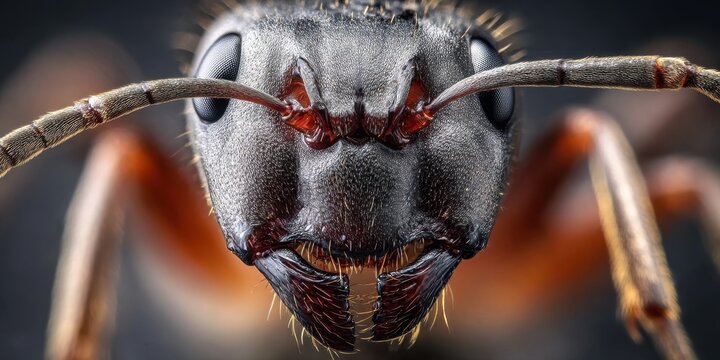 Close-up view of an ant's head and antennae.
