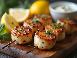 Grilled Scallop Skewers with Herb Marinade: Close-up of grilled scallop skewers brushed with herb marinade, served on rustic wooden board with lemon wedges and dipping sauce.