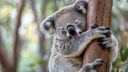 Naklejka premium A sleepy koala hugging a tree branch, high up in an Australian eucalyptus forest