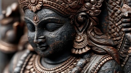 Fototapeta premium Cultural significance of goddess lakshmi sculpture textured art in an indian temple's spiritual space