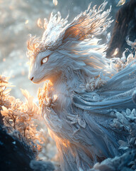 Fantasy Elf Rabbit in Art Nouveau Robes with Floral Curves and Pastel Glow