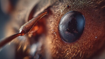 Close-up view of an ant's eye and antennae.