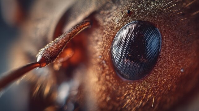 Close-up view of an ant's eye and antennae.