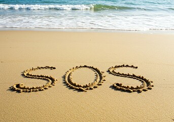 SOS message written on the beach sand