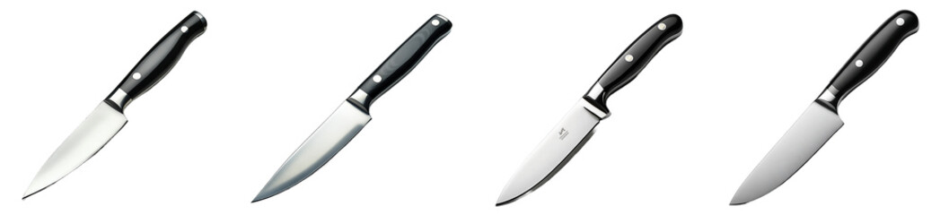 Collection of Stainless Steel Kitchen Knives with Black Handle on Transparent Background