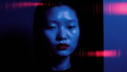 Young woman portrait with dramatic blue and red lighting effects
