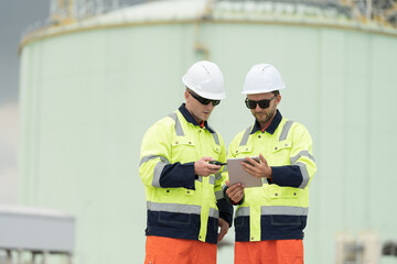Offshore crude oil and natural gas extraction tanks. Petroleum Refinery. Natural gas separation plant. Petrochemical engineer discussing for maintaining on-site drilling and pumping equipment