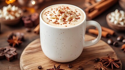 Creamy Coffee in White Mug on Wooden Surface