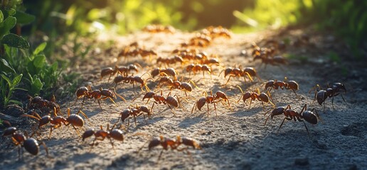 Ants navigating a path, demonstrating insect collaboration and natural activity