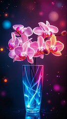 Fototapeta premium Abstract Neon Orchids in Crystal Vase with Glowing Details and Space Background — Digital Artwork for Wallpaper