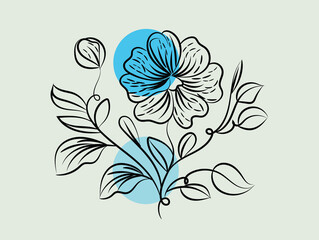 Elegant Line Art Floral Design with Blue Accents