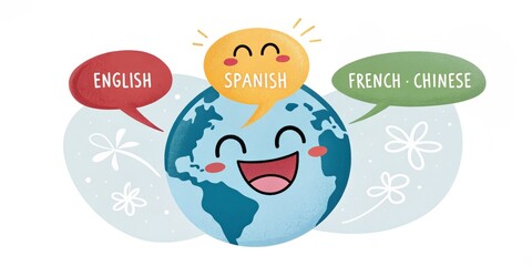 Happy Earth Speaks Multiple Languages Cartoon Globe Illustration, English, Spanish, French, Chinese, Multilingual Communication Multilingualism, Global Communication