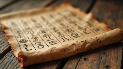macro shot of weathered papyrus scroll with ancient symbols, gently unrolling on aged wooden table, fibrous texture and faded ink, warm ambient light, close focus on historical surface, subtle shadows