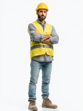  Male engineer with helmet and vest isolated on white studio background.
