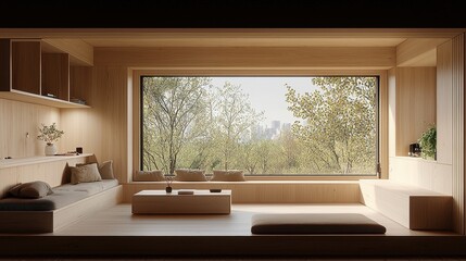 Minimalist Light Wood Living Room with Panoramic Forest and City View