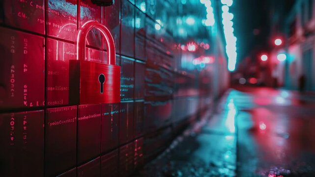 A red shiny lock, data streams on the background, Generative AI Videos.