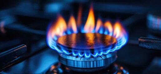 Close-up shot of a gas stove burner with vibrant blue and orange flames, showcasing the intensity of the burning gas.