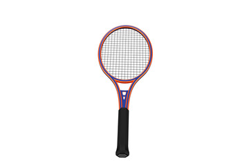 Modern Tennis Racket with Orange and Blue Frame and Black Grip, Sports Equipment for Tennis Players: Racket with Strings and Handle, for Sporting Goods or Recreational Use on a PNG Transparent