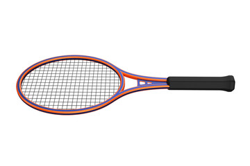 Modern Tennis Racket with Orange and Blue Frame and Black Grip, Sports Equipment for Tennis Players: Racket with Strings and Handle, for Sporting Goods or Recreational Use on a PNG Transparent