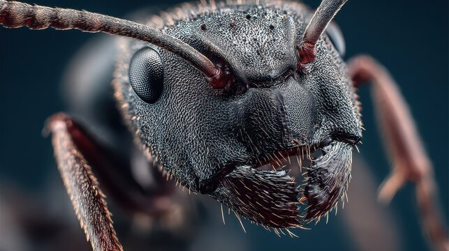 Close-up view of an ant's intricate head and mandibles.