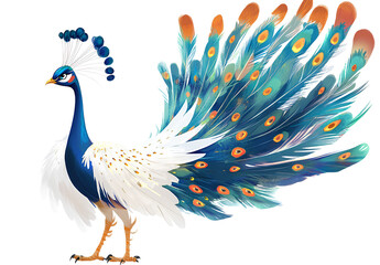 Fototapeta premium Beautiful peacock with open tail, isolated on a transparent background.