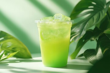 Refreshing green beverage in a plastic cup.