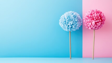 Colorful paper flowers on blue and pink background