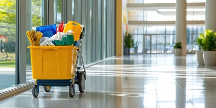 Cleaning Cart in Modern Building Hallway