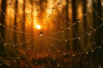 Dewdrops on spiderweb in forest at sunrise macro shot. Intricate spider web adorned with dew drops glistening in the morning light