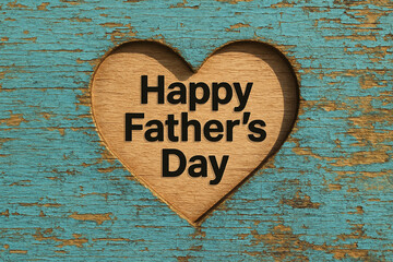 happy fathers day text inside wood heart carved in rustic blue wooden surface vintage texture background love dad concept