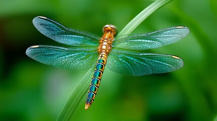 Close-Up View of a Dragonfly with Iridescent Wings Against a Lush Green Background