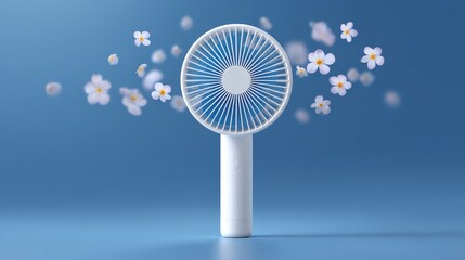 Portable Fan Blowing Air Surrounded by Floating Flowers Against a Blue Background