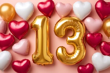 Golden number thirteen balloon celebrating a special thirteenth anniversary