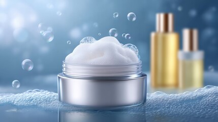Soap Foam Captured Mid Float Above Skincare Set with Soft Bokeh Background
