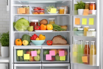 Open refrigerator full of healthy food with empty sticky notes for texts