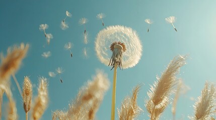 Dandelion Seeds Drifting Against Clear Blue Sky