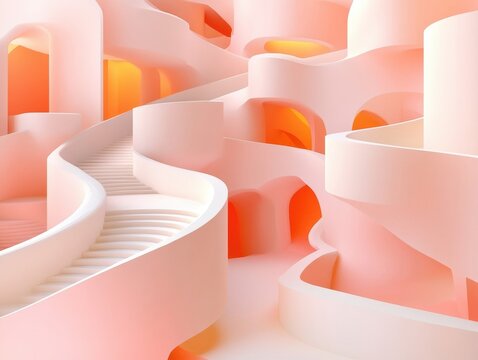 Abstract architectural design in soft pastel pink and white.  Intricate curves and stairs create a surreal interior