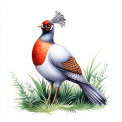 Colorful artistic illustration of a bird standing in lush green grass